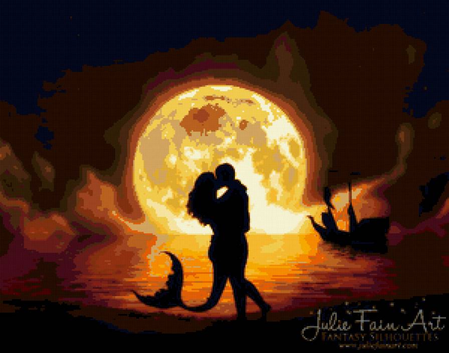 любовь - закат, русалка, море, романтика, поцелуй, русалочка, двое, силует, пара - предпросмотр