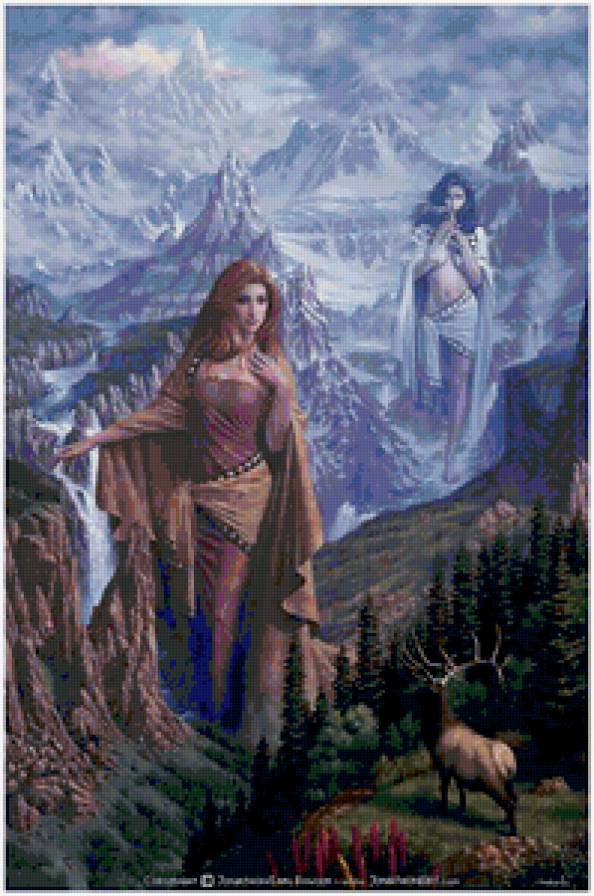 Джонатан  Эрла Баузера - двойник, современные художники, женщина, диптих, олень, горы - предпросмотр