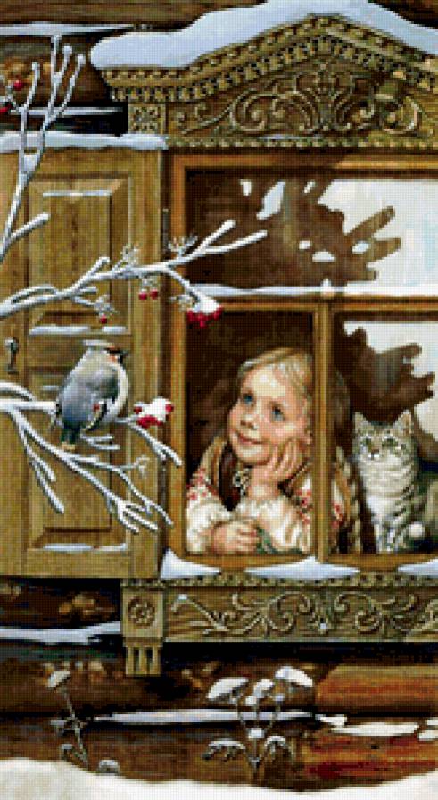 ДЕТИ - птичка, зима, окно, времена года, дети, девочка - предпросмотр