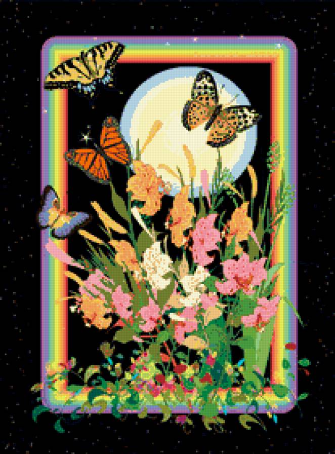 картина - натюрморт, бабочки, природа, цветы, ваза, букет - предпросмотр