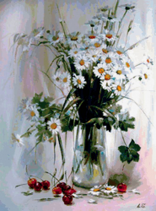 натюрморт - вишни, натюрморт, цветы, ягоды, ромашки - предпросмотр