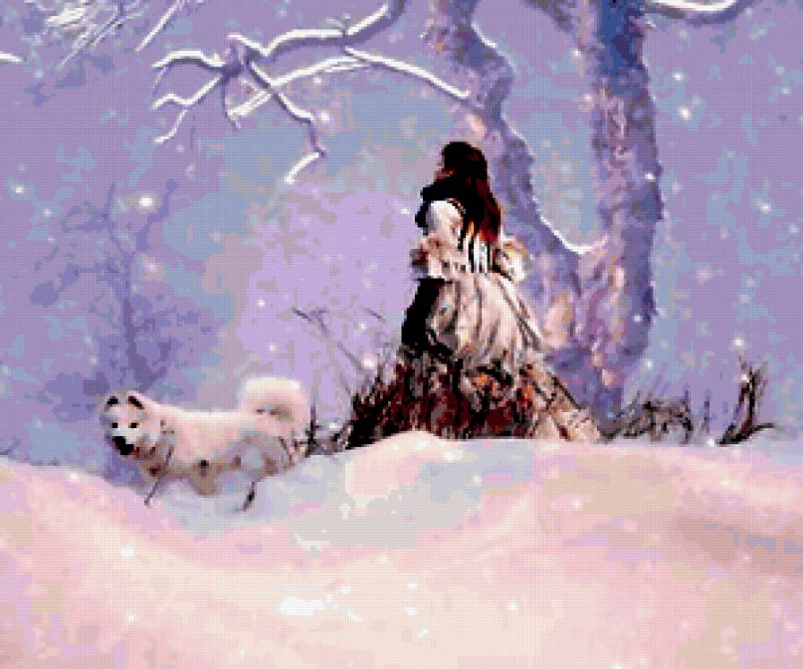 прогулка - зима, девушка, собака, прогулка - предпросмотр