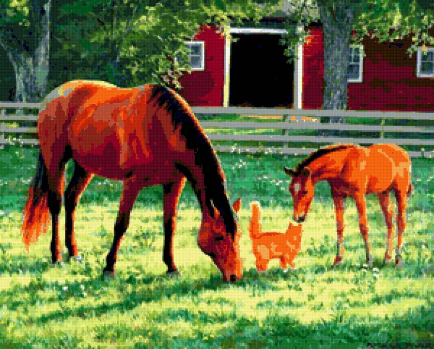 №219428 - картина, кот, лошади, животные - предпросмотр