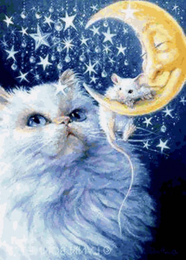 кошки-мышки - месяц, звезды, кошки, мышка, коты, мышки, кошка, звездочки - предпросмотр