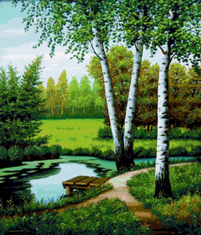 Край березовый - березы, река, пейзаж, картина, природа, лес, живопись, береза, березки - предпросмотр