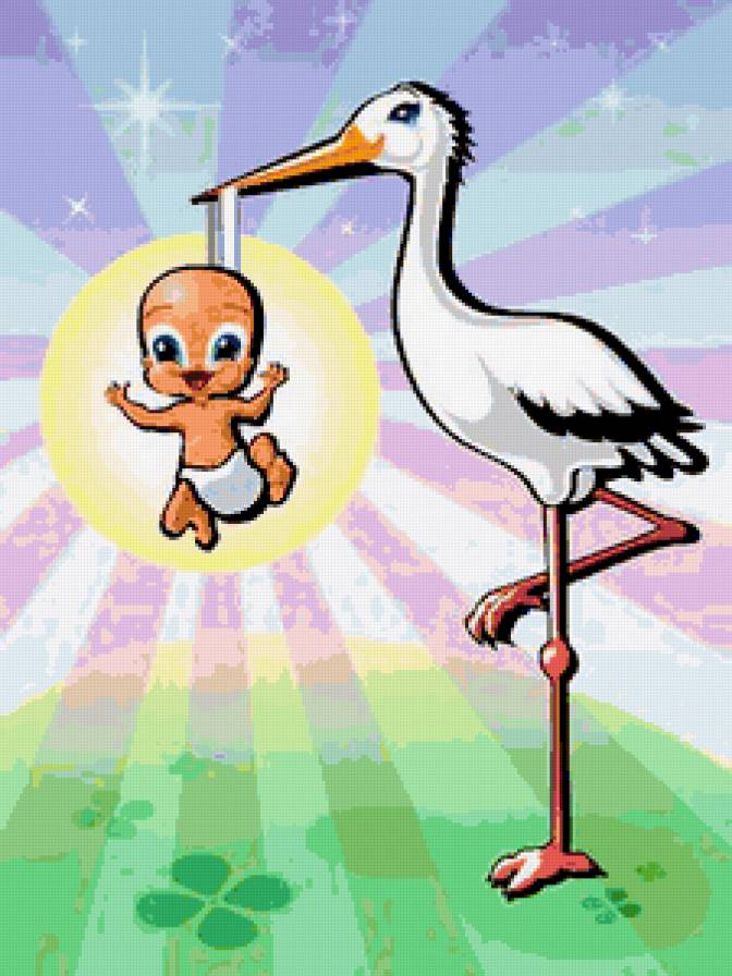Аист с малышом - детишки, аист, малыш, метрика, дети - предпросмотр