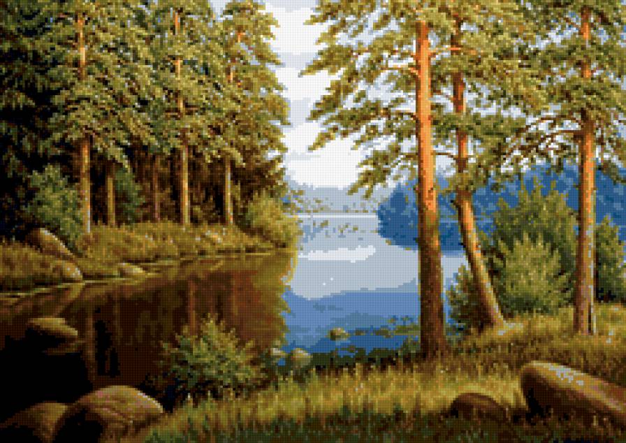 природа - лес, живопись, река, рапстения, пейзаж, речка - предпросмотр