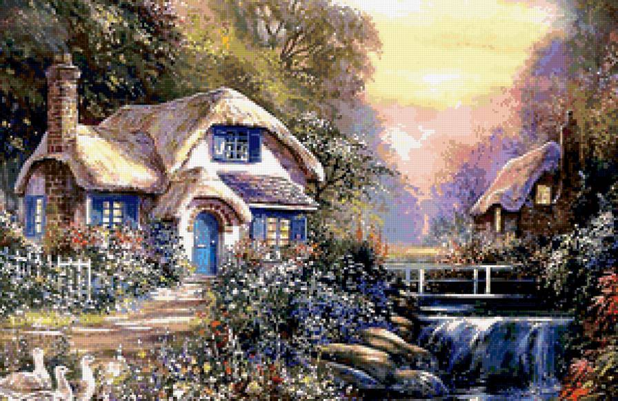 Домик в лесу - река, уютный уголок, цветы, домик, лес - предпросмотр