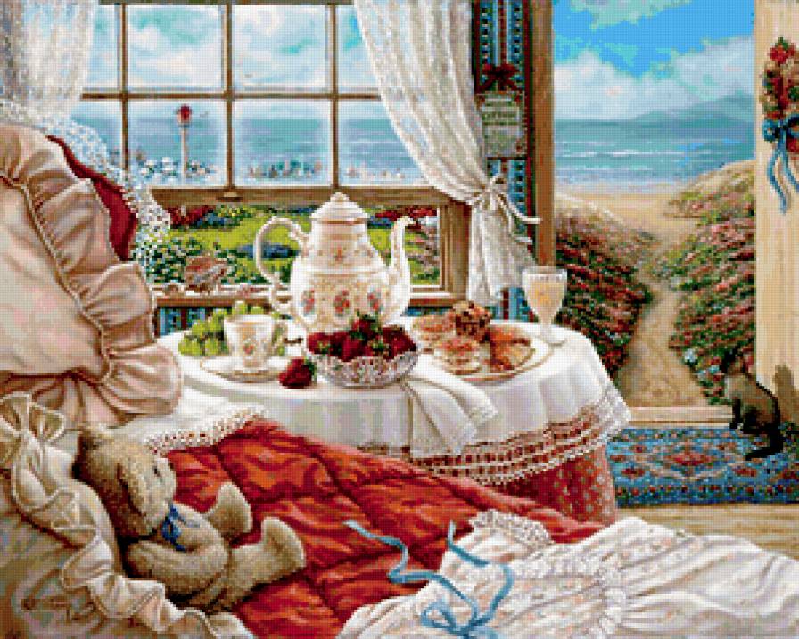 ДОМАШНИЙ УГОЛОК - море, бебка. киска, цветы, окно, чаепитие - предпросмотр