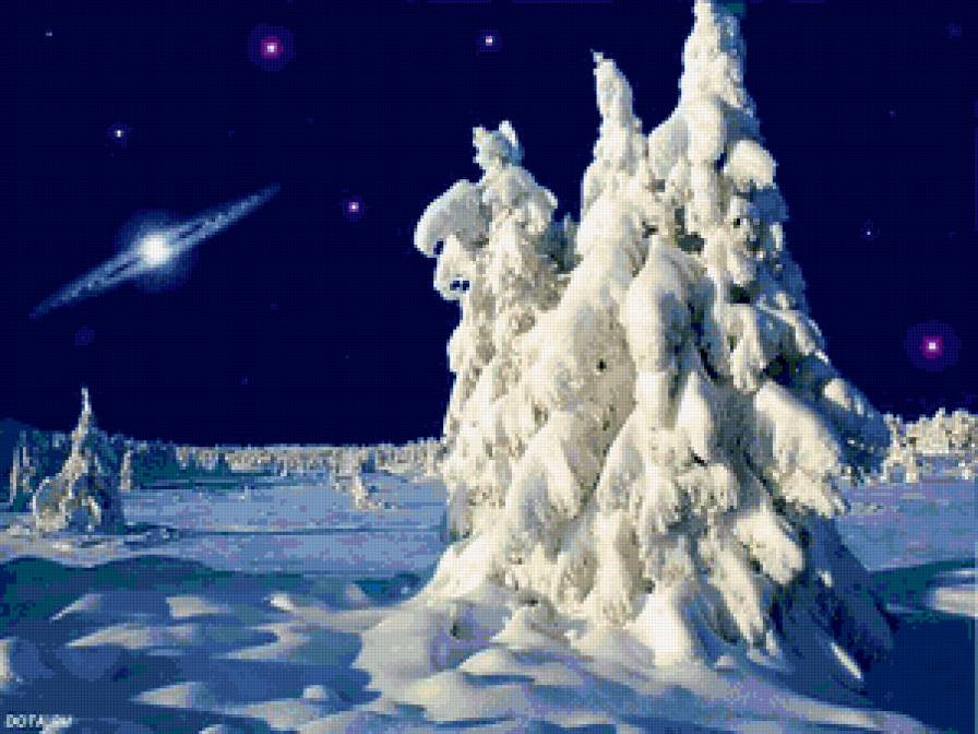 Зимний пейзаж - ночь, картина, снег, зима, природа - предпросмотр