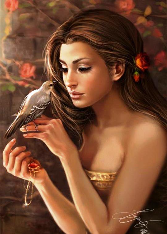 Девушка и птица - фентези, девушка, портрет, птица - оригинал
