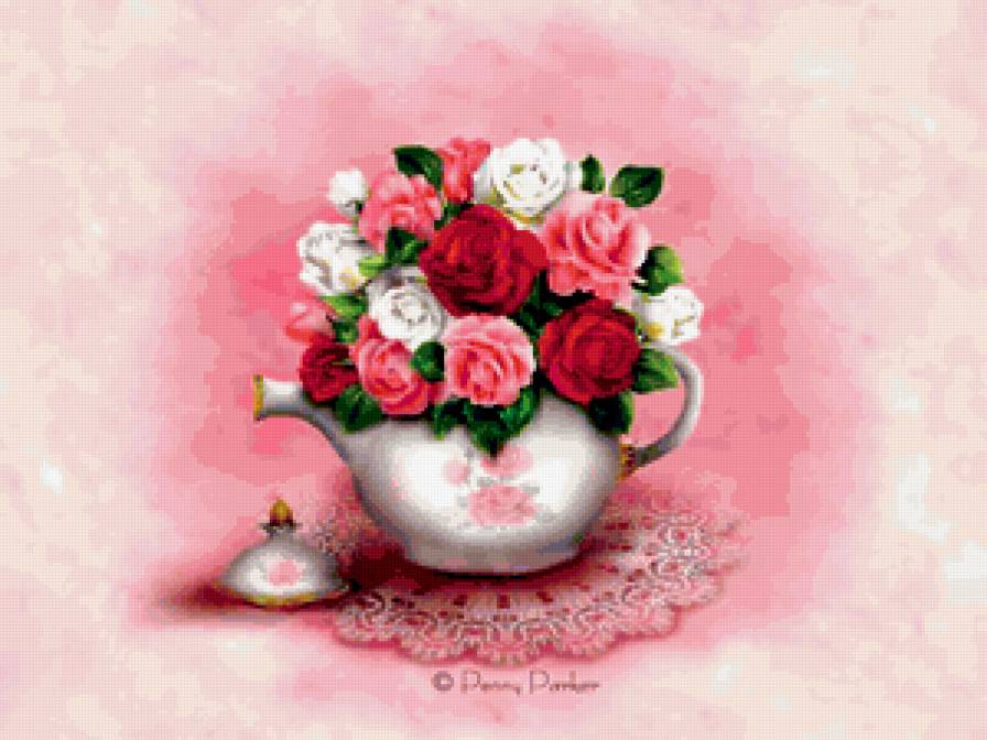 НАТЮРМОРТ - букет, розы, чайник, цветы - предпросмотр