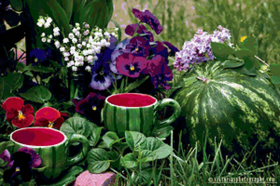 НАТЮРМОРТ - арбуз, чашки, ландыш, анютки - предпросмотр