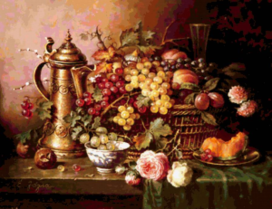 НАТЮРМОРТ - виноград, старинные вещи, фрукты - предпросмотр