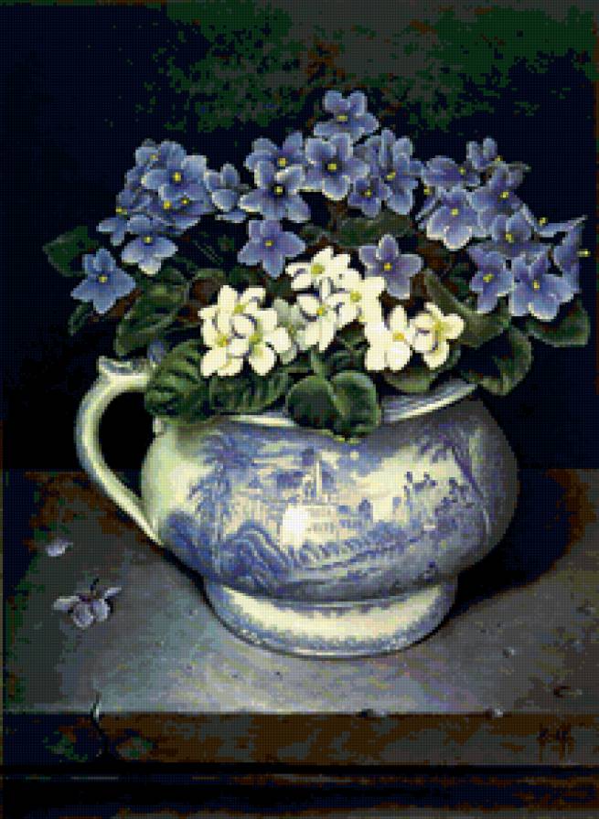 НАТЮРМОРТ - гжель, кувшин, фиалки - предпросмотр