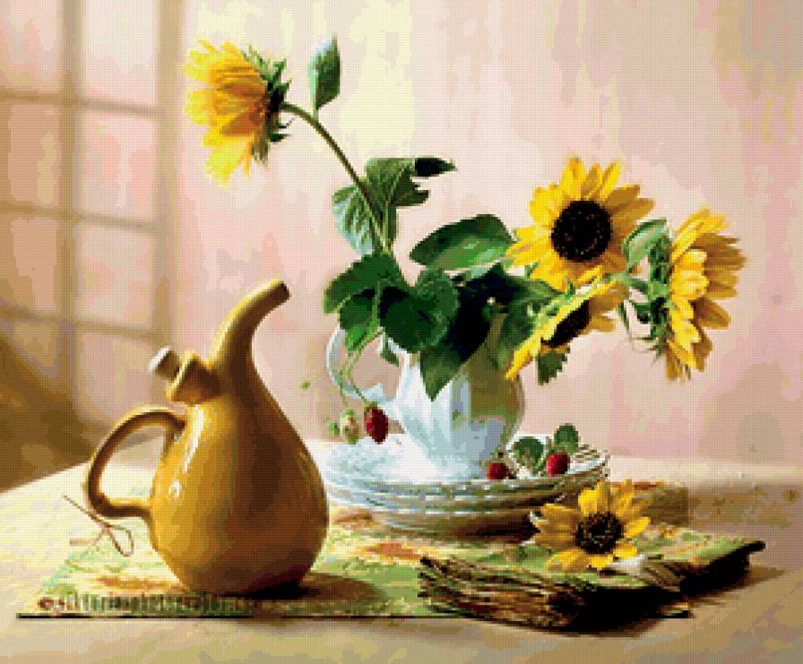 НАТЮРМОРТ - керамика, подсолнух, кувшин, земляника - предпросмотр