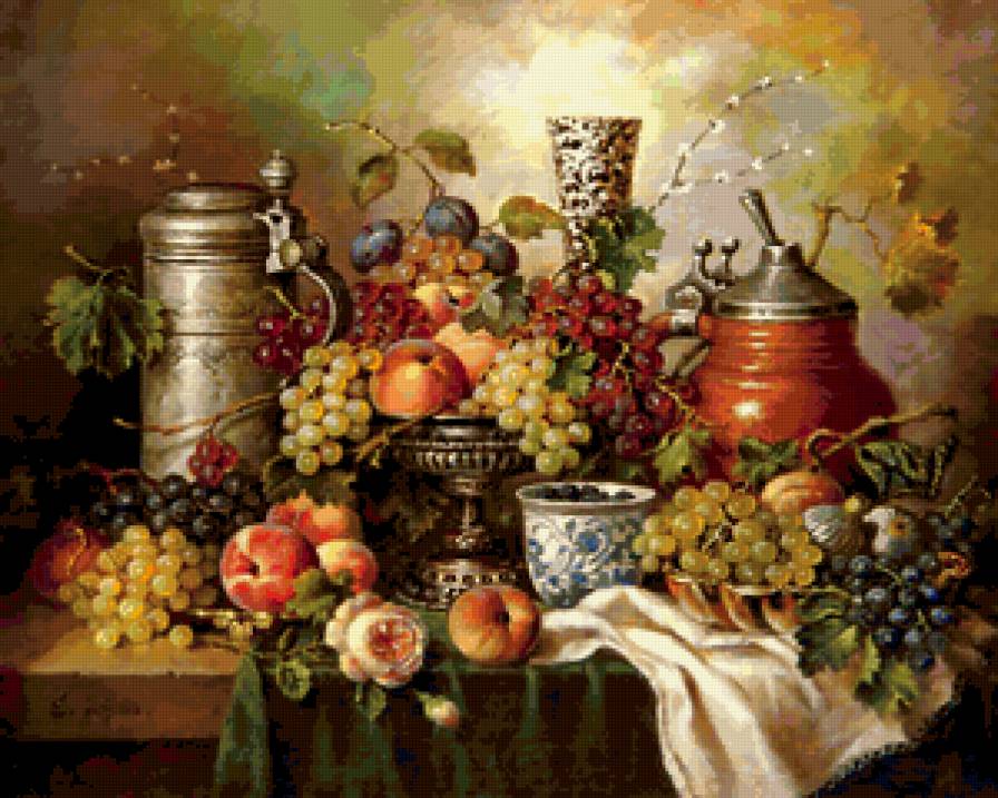 НАТЮРМОРТ - цветы, старинные вещи, виноград, серебро, роза - предпросмотр