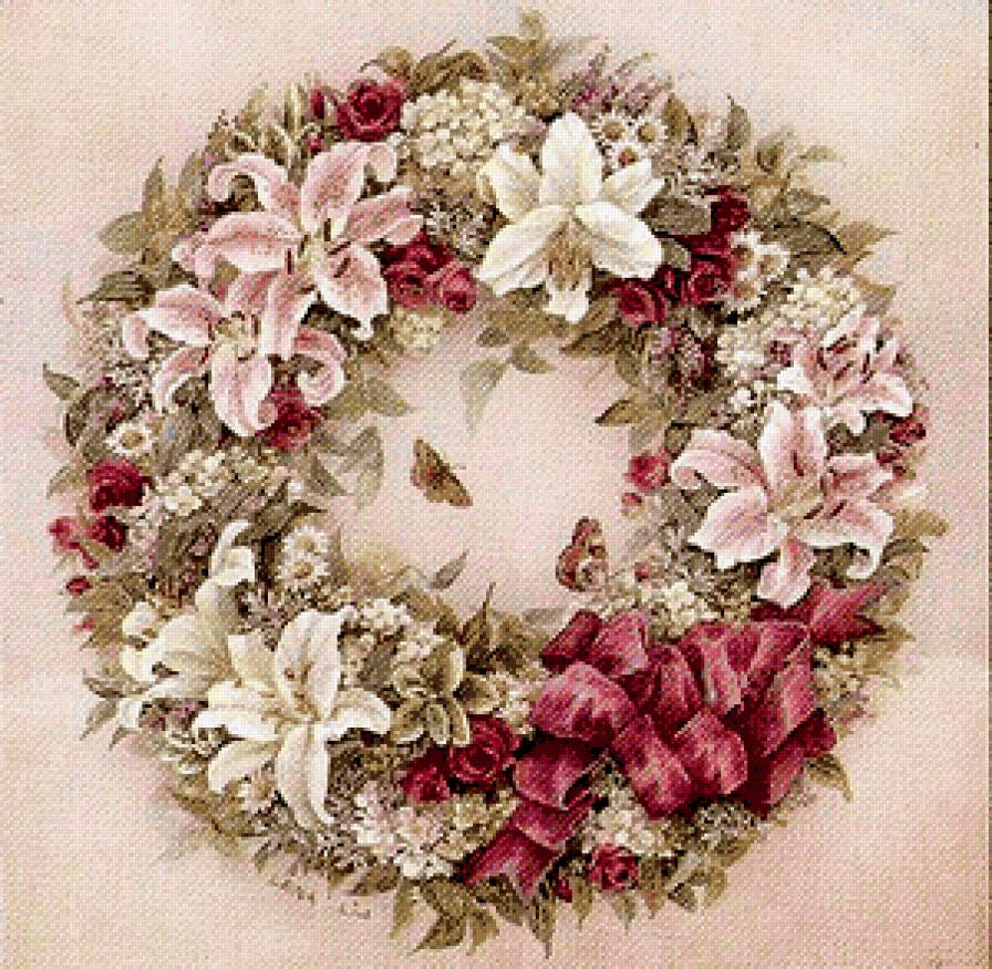 Нежность - цветы, лилии, бабочки, венок - предпросмотр