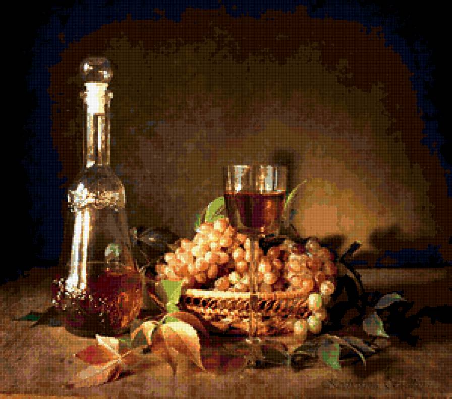 натюрморт - вино, виноград, фрукты, бокал, натюрморт, графин - предпросмотр