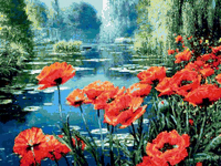 Маки у воды - маки, , вода, цветы, пейзаж - предпросмотр