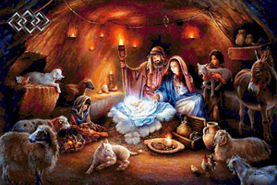 Рождество - рождество, ребенок, семья, картина, иисус, звери - предпросмотр