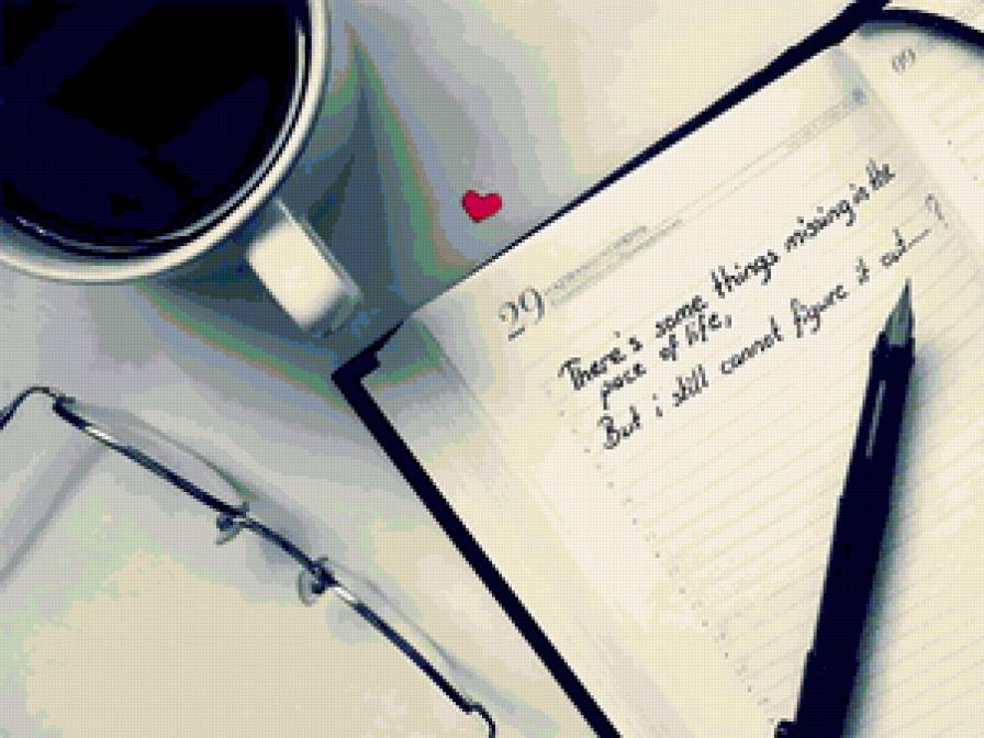 чашка кофе - блокнот, ручка, кофе, очки, чашка, сердце - предпросмотр