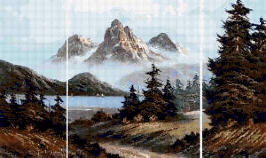 туман в горах - пейзаж, река, природа, полиптих, живопись, туман, лес, горы, триптих - предпросмотр