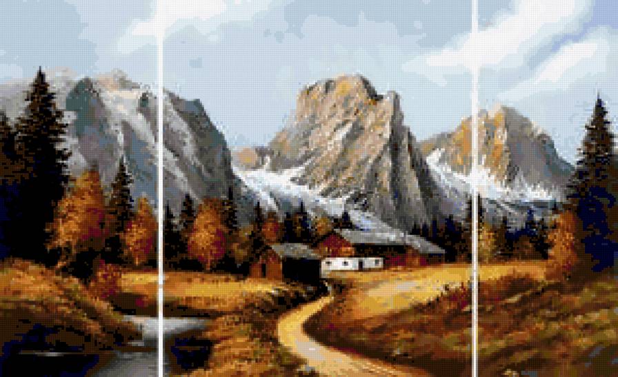 осень в горах - триптих, река, природа, полиптих, лес, пейзаж, осень, горы, времена года - предпросмотр