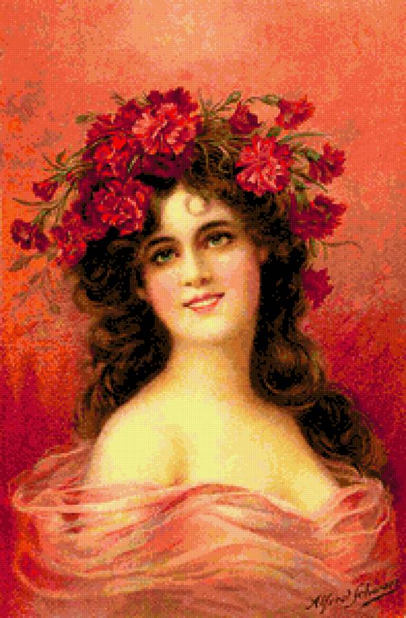 Девушка в венке гвоздик. - гвоздики, цветы, красота женщины, живопись, картина, девушка, портрет - предпросмотр