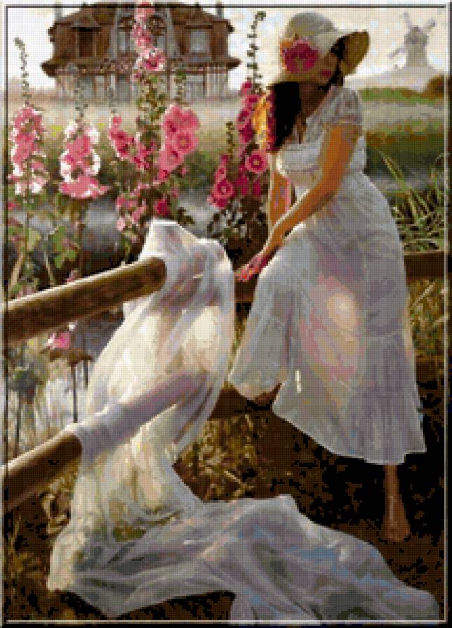 девушка в шляпе - женщина, шляпа, картина, дама, цветы, девушка - предпросмотр