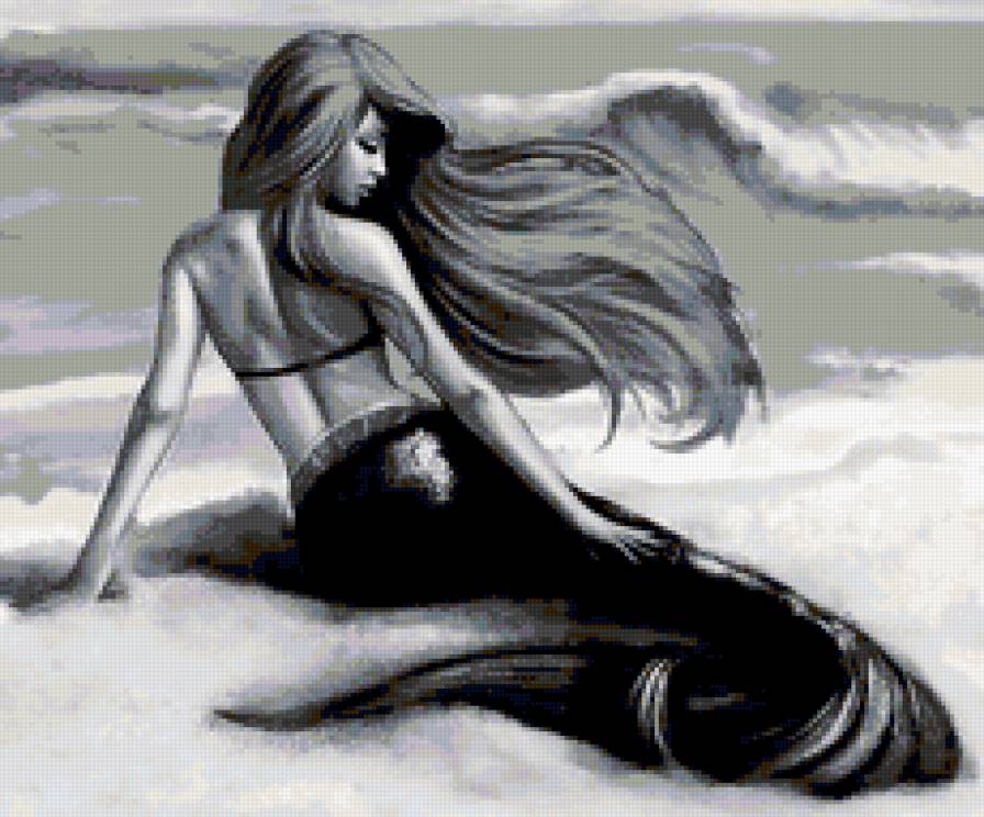 русалка - девушка, море, русалка, черно-белое - предпросмотр