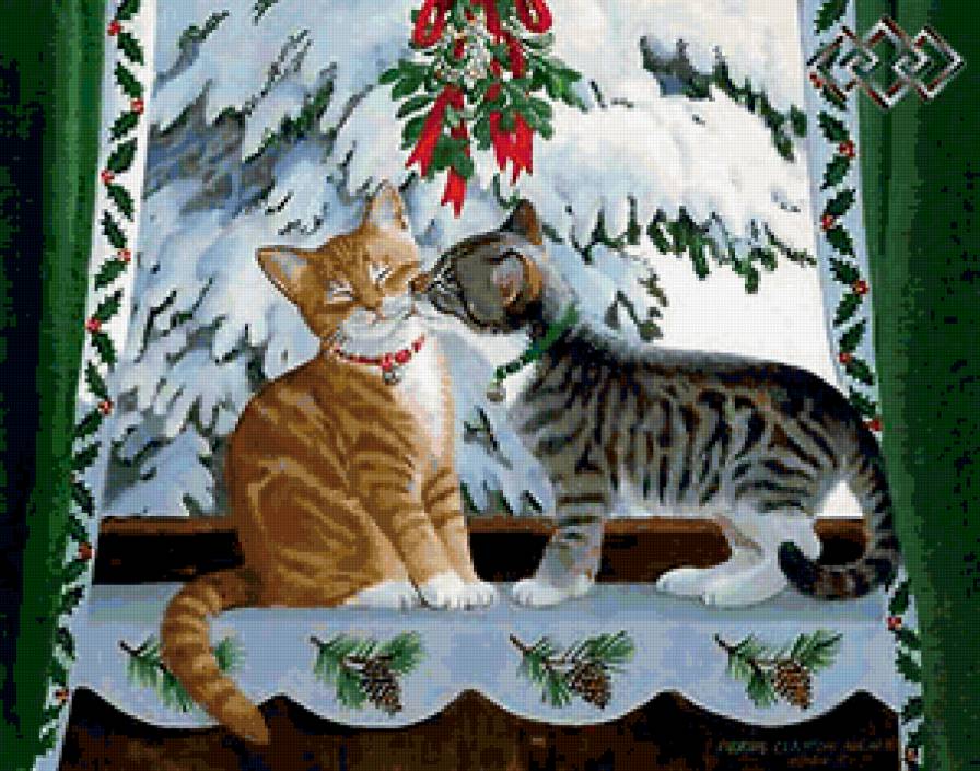 кошки - валентинки, пара, окно, поцелуй кошачий - предпросмотр