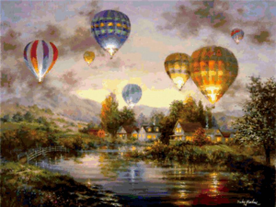 Воздушные шары - воздушный шар, пейзаж, река - предпросмотр