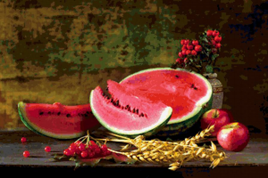 НАТЮРМОРТ - яблоко, пшеница, красная рябина, арбуз - предпросмотр