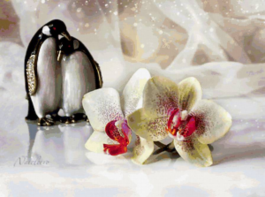 НАТЮРМОРТ - валентинки, валентин, пингвины, орхидея, валентинка, цветы - предпросмотр