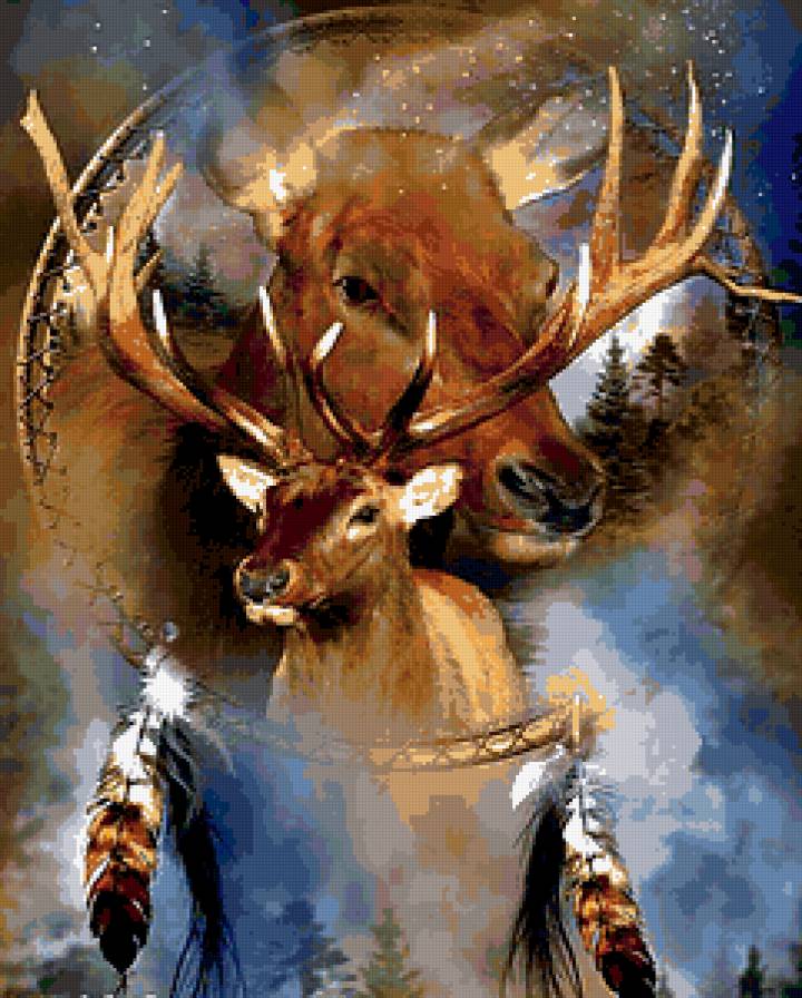 Индейские мотивы - бубен, олени, индейцы, шаман, перья - предпросмотр