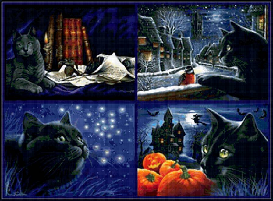 ДИПТИХ   КОШКИ - окно, птичка, кошки - предпросмотр