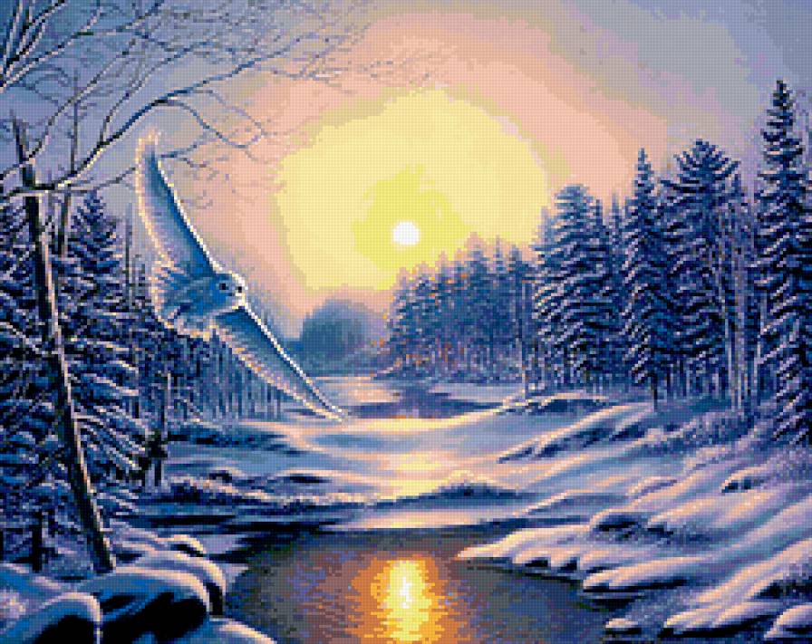 В лучах заката - зима, сова, пейзаж, река - предпросмотр