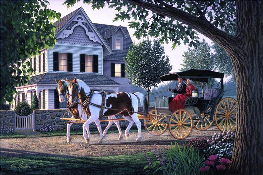 Старинный городок - люди, домики, лошадки, пейзаж, городок, город, лошади - оригинал