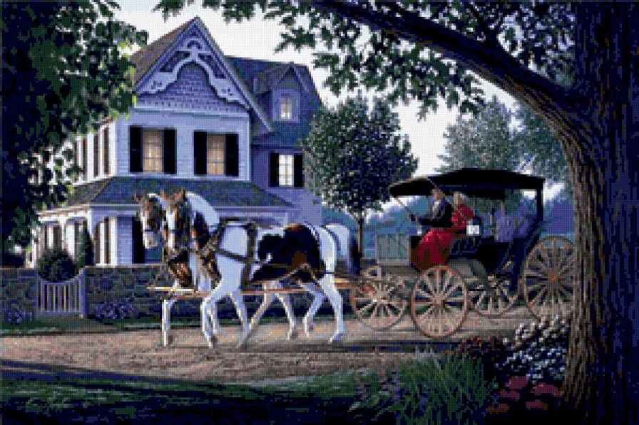 Старинный городок - город, домики, лошади, городок, пейзаж, лошадки, люди - предпросмотр