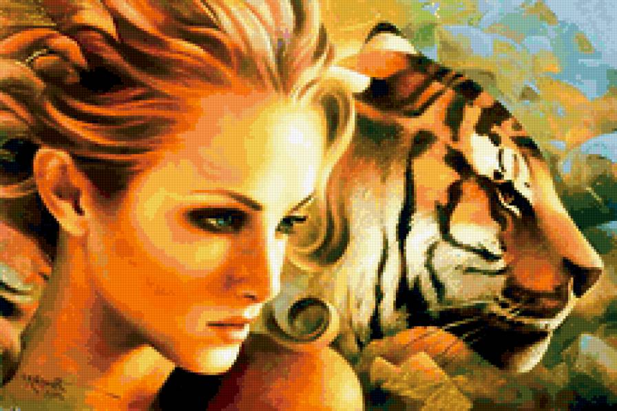 девушка и тигр - любовь, девушка, одиночество.тигр.животные.люди.картина - предпросмотр