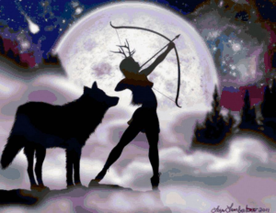 фентези - лучник, девушка, силуеты, ночь, животные, волк, силует - предпросмотр