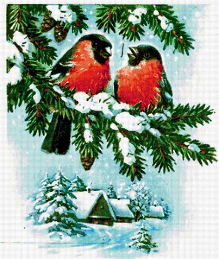 снегири - зима, птицы, картина - предпросмотр