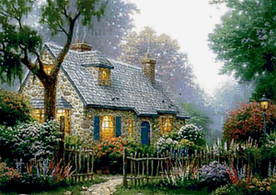 Домик в цветах - сад, утро, домик - предпросмотр