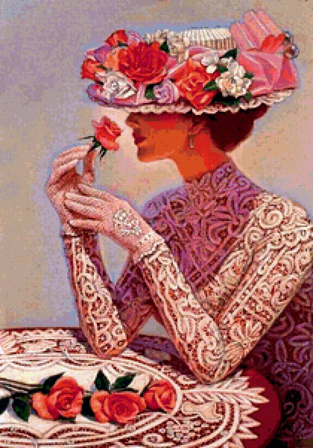 ДАМА В ШЛЯПЕ - женщина, роза, красавица, шляпа, нежность - предпросмотр