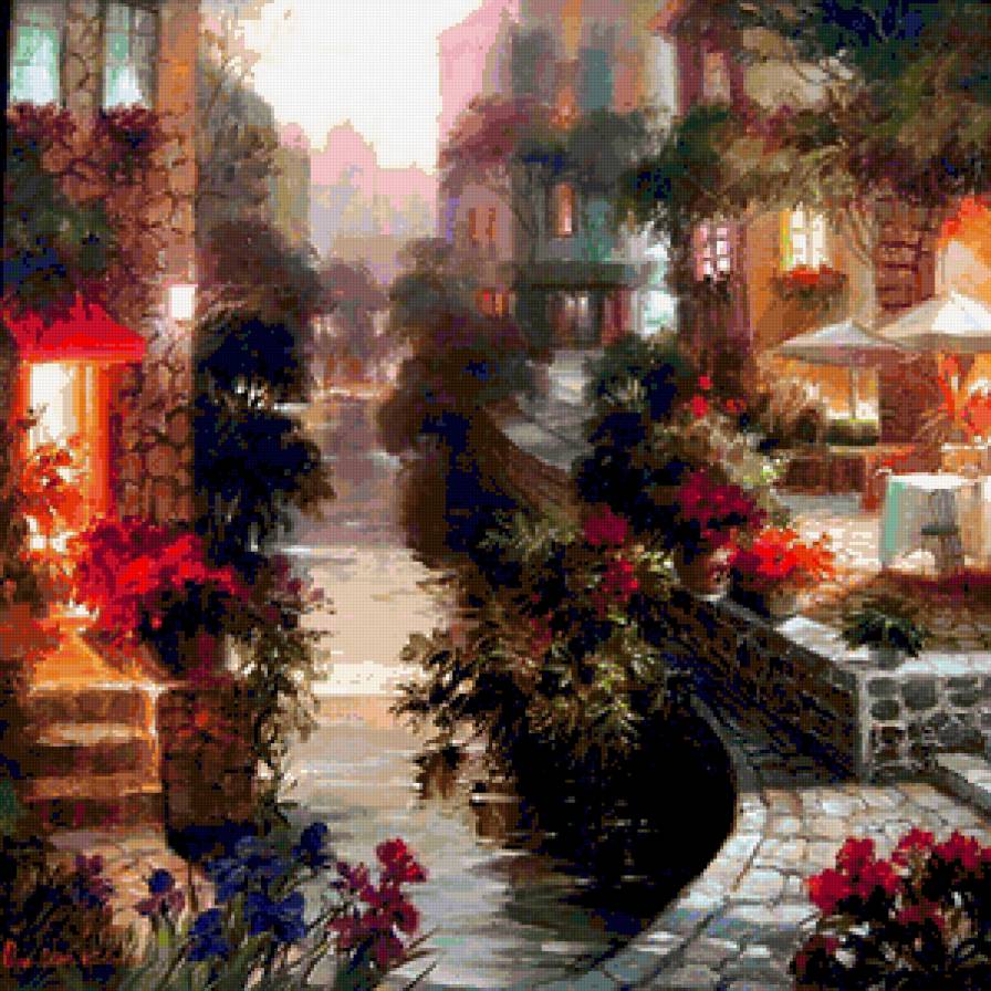 Вечерний городок. - городской пейзаж, город, вечер, цветы - предпросмотр