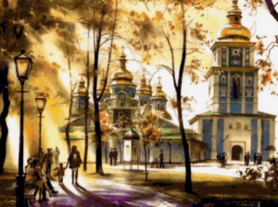 В осеннем парке у собора - собор, картина, храм, церковь, живопись, купола, парк, небо - предпросмотр