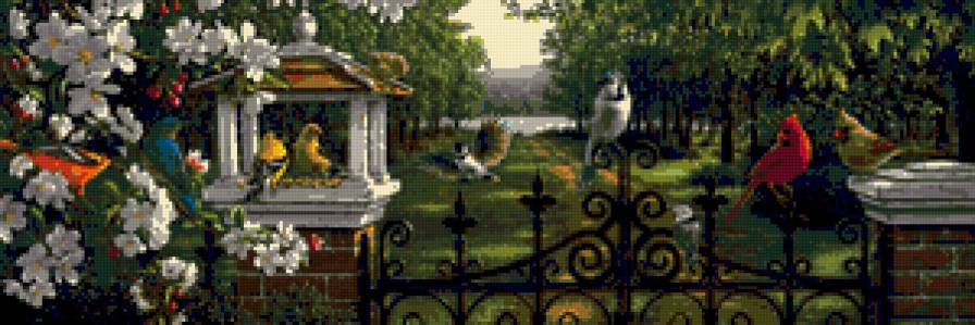 №229913 - цветы, птицы, пейзаж, картина - предпросмотр