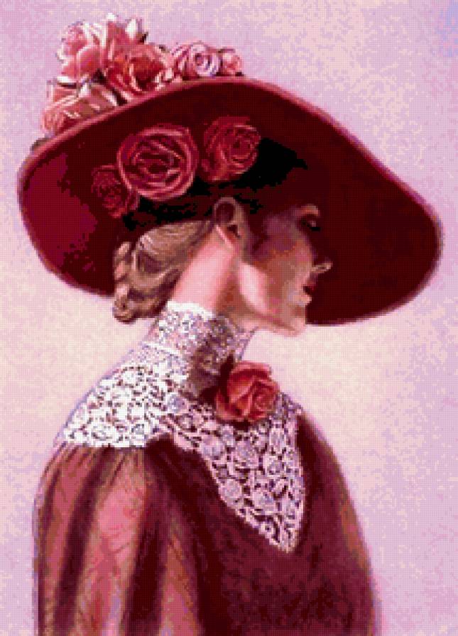 ДАМА В ШЛЯПЕ - шляпа, нежность, красавица, женщина, роза - предпросмотр