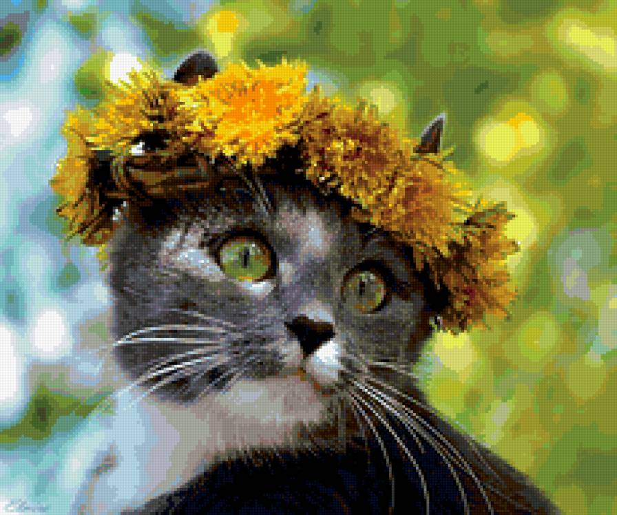 031 - кошка, одуванчики, венок - предпросмотр